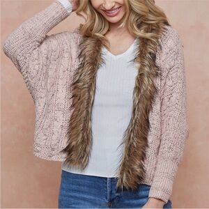 On Blue Cardigan Faux Fur Trim Sweater